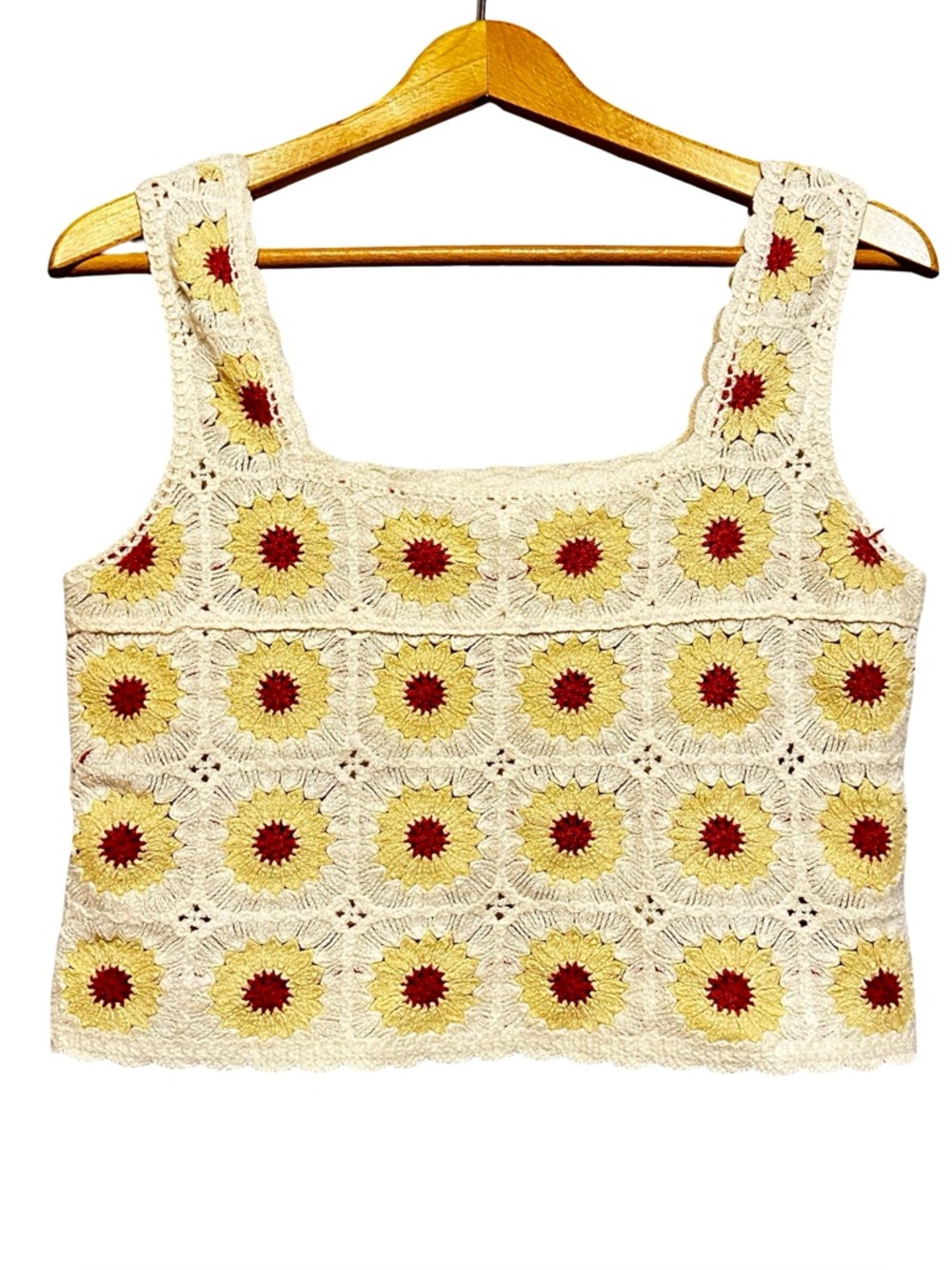 Rebellion Yellow White Granny Square Crochet Sunflower Crop Top Tank Medium